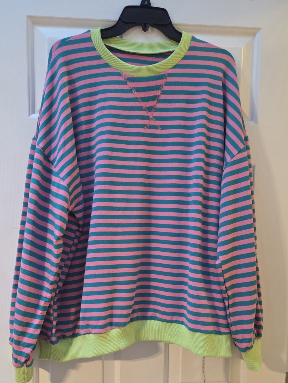 Striped Pink & Teal Crewneck Sweater with Lime Trim